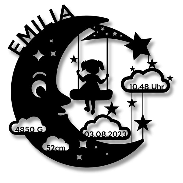 Personalisiertes Geburtsschild für Mädchen – Halbmond mit Kind auf Schaukel, aus pulverbeschichtetem Stahl oder Edelstahl, mit Name, Uhrzeit, Größe & Gewicht.