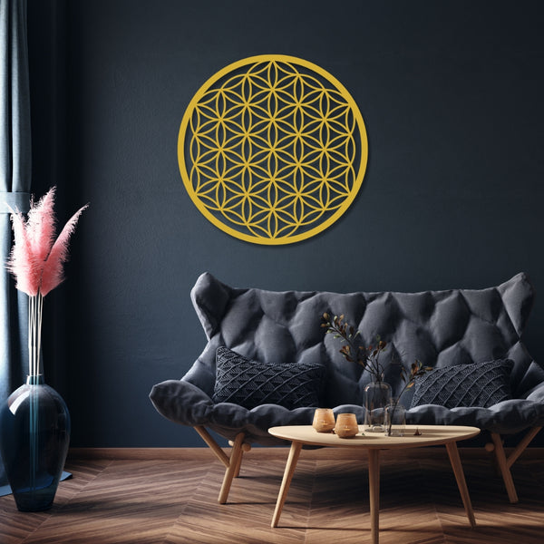 Metallschild Blume des Lebens – kunstvoll gestaltete Wanddeko aus Stahl oder Edelstahl, Symbol für Harmonie, Energie & spirituelles Gleichgewicht.