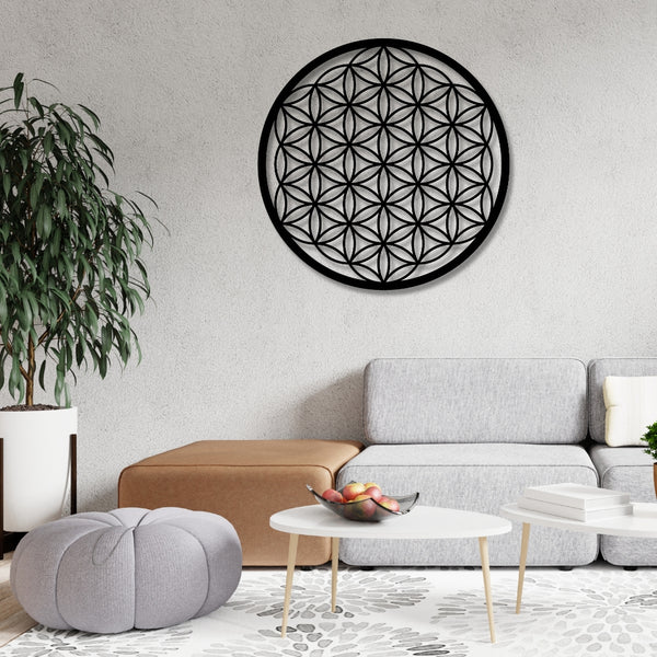 Metallschild Blume des Lebens – kunstvoll gestaltete Wanddeko aus Stahl oder Edelstahl, Symbol für Harmonie, Energie & spirituelles Gleichgewicht.