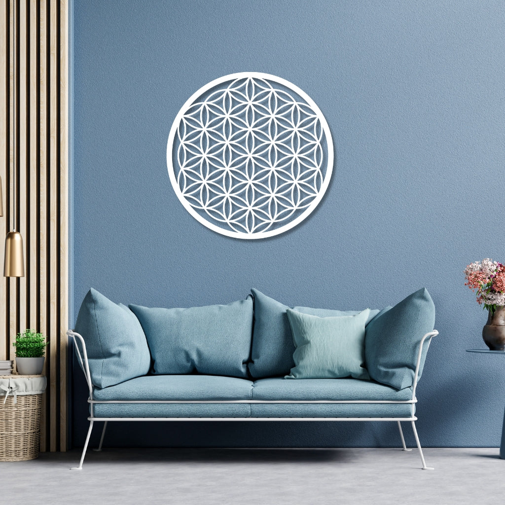 Metallschild Blume des Lebens – kunstvoll gestaltete Wanddeko aus Stahl oder Edelstahl, Symbol für Harmonie, Energie & spirituelles Gleichgewicht.
