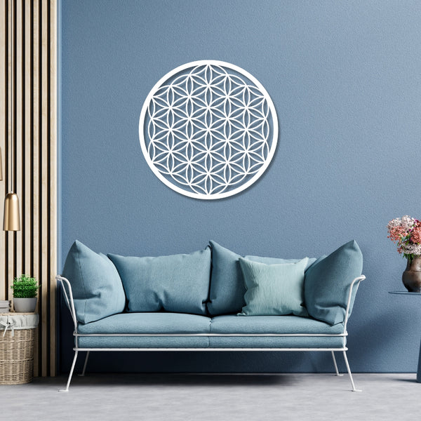 Metallschild Blume des Lebens – kunstvoll gestaltete Wanddeko aus Stahl oder Edelstahl, Symbol für Harmonie, Energie & spirituelles Gleichgewicht.