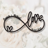 Unendlichkeitssymbol mit Herz – personalisierte Wanddeko aus Stahl oder Edelstahl, mit Namen & Datum. Perfektes Hochzeitsgeschenk oder Symbol ewiger Liebe.