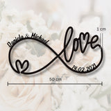 Unendlichkeitssymbol mit Herz – personalisierte Wanddeko aus Stahl oder Edelstahl, mit Namen & Datum. Perfektes Hochzeitsgeschenk oder Symbol ewiger Liebe.