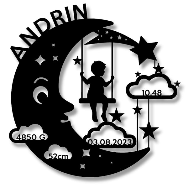 Personalisiertes Geburtsschild für Jungen – Halbmond mit Kind auf Schaukel, aus pulverbeschichtetem Stahl oder Edelstahl, mit Name, Uhrzeit, Größe & Gewicht.